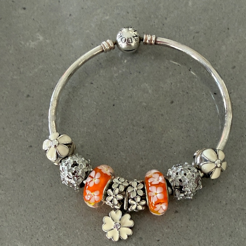 Pandora Silver Bracelet with Orange and Silver Charms